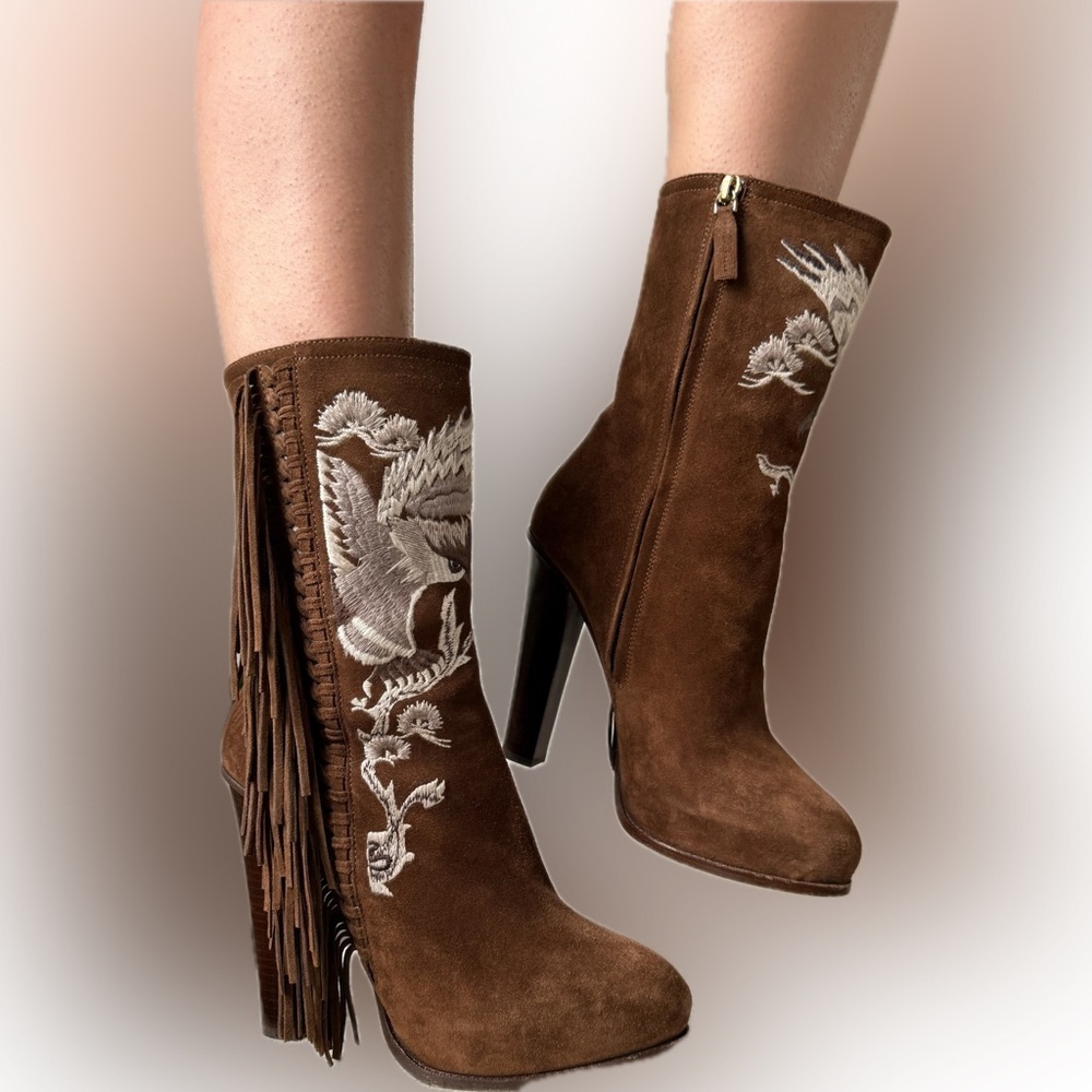 Ralph Lauren Fall 2015 Runway Collection Morel Suede Embroidered Fringe Boot - Picture 17 of 17